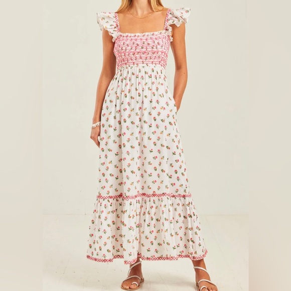 Pink City Prints Dresses & Skirts - Pink City Prints Hand Smocked Sun Dress Pink Floral Flutter Sleeves Small S